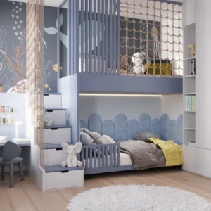 Wooden bunk bed with play zone