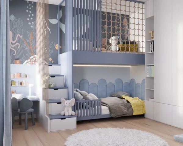 Wooden bunk bed with play zone