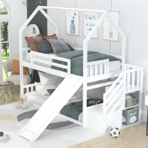 white house-shaped bunk bed with slide