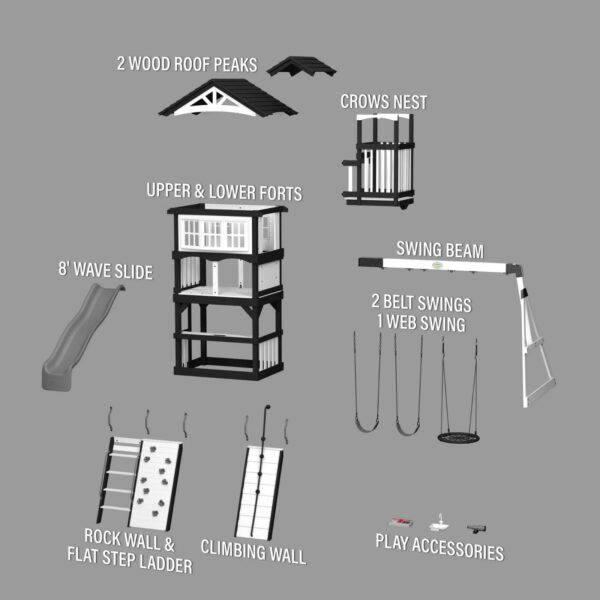 outdoor playset with slide, swings, and climbing wall