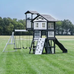 outdoor playset with slide, swings, and climbing wall