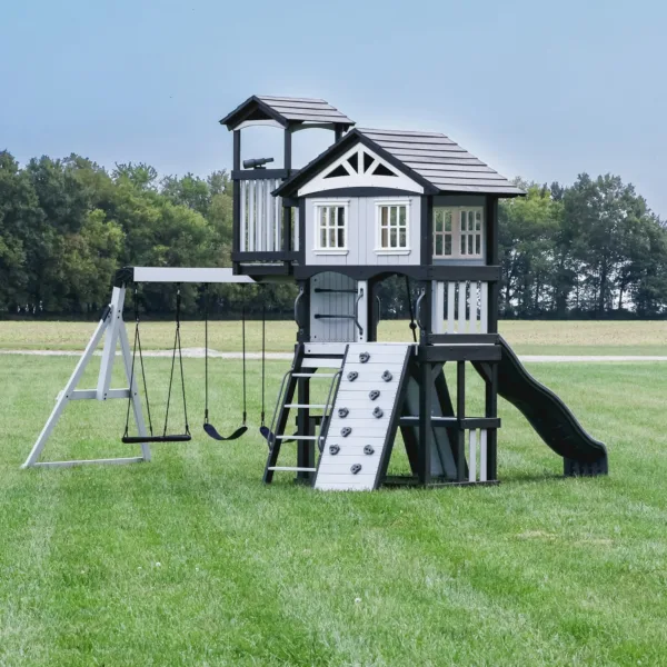 outdoor playset with slide, swings, and climbing wall