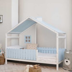 Blue & White Wooden House Bed for Kids