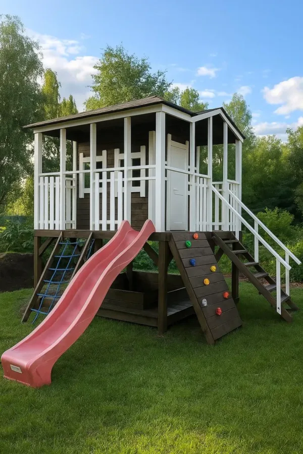Wooden playhouse with slide and climbing wall