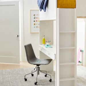 modern white loft bed with desk and shelves