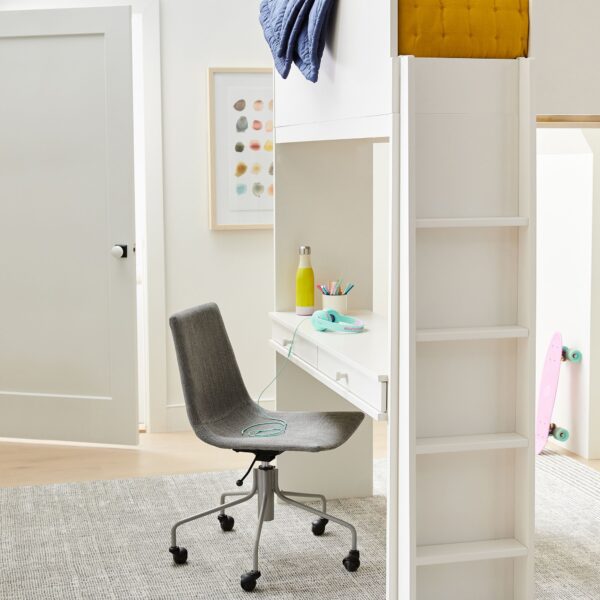 modern white loft bed with desk and shelves