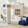 modern white loft bed with desk and shelves