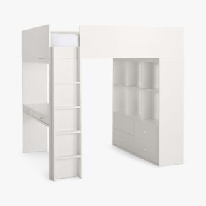 modern white loft bed with desk and shelves