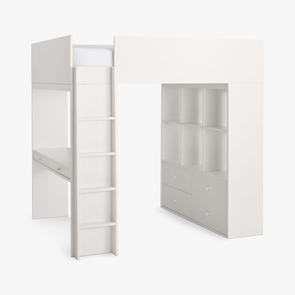 modern white loft bed with desk and shelves