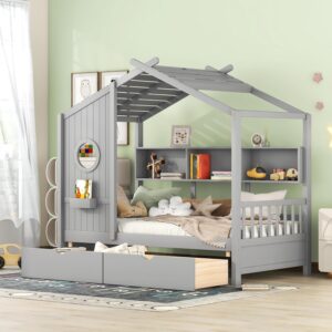 Kids House Bed with Storage Drawers & Shelves