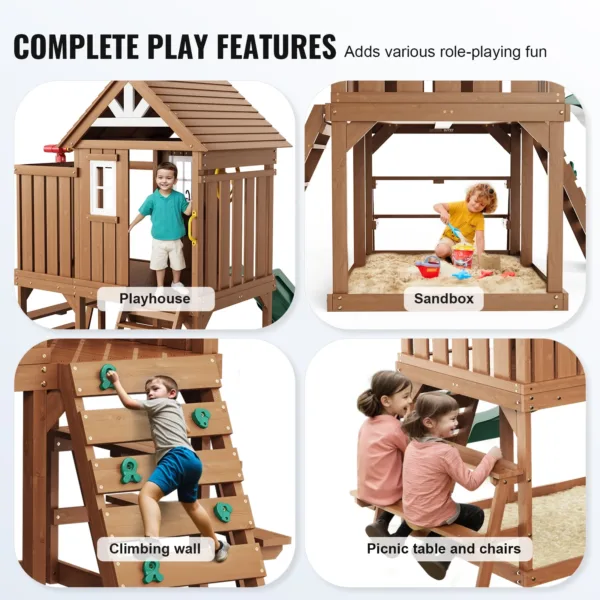 Wooden Outdoor Playhouse with Slide & Climbing Wall