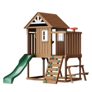 Wooden Outdoor Playhouse with Slide & Climbing Wall