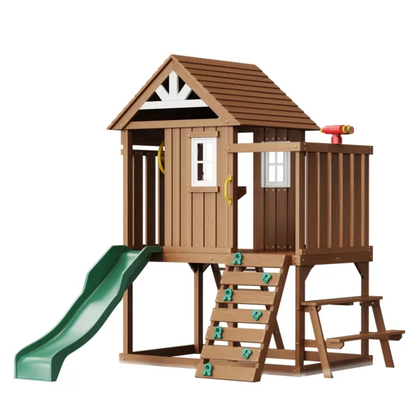 Wooden Outdoor Playhouse with Slide & Climbing Wall