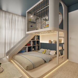 Wooden Loft Bed with Play Area and Slide