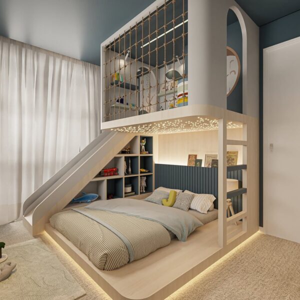 Wooden Loft Bed with Play Area and Slide