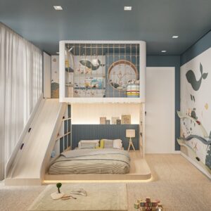 Wooden Loft Bed with Play Area and Slide