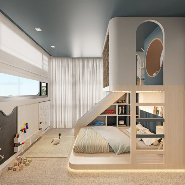 Wooden Loft Bed with Play Area and Slide