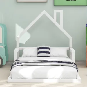 White wood house-frame floor bed for kids