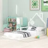 White wooden kids house-frame floor bed with triangular headboard, twin size 90x200cm, styled in a children's bedroom