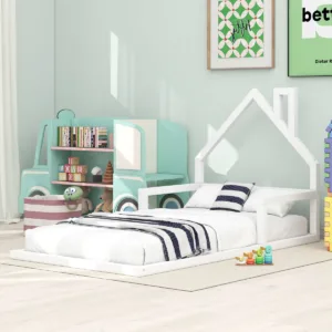 White wooden kids house-frame floor bed with triangular headboard, twin size 90x200cm, styled in a children's bedroom