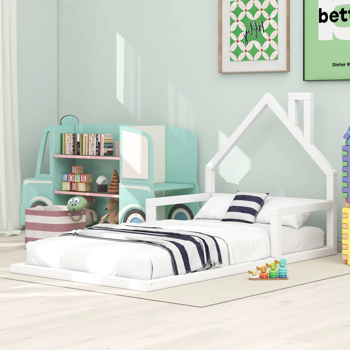 Little Haven House-Frame Floor Bed White wooden kids house-frame floor bed with triangular headboard, twin size 90x200cm, styled in a children's bedroom