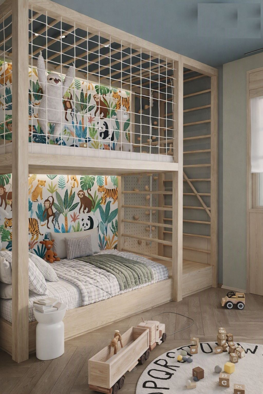 kids-adventure-bunk-bed-climbing-wall-jungle-theme.jpg kids adventure bunk bed with jungle theme climbing wall and rope net loft