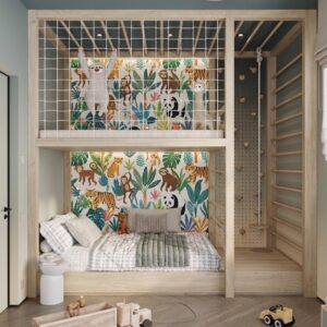 kids adventure bunk bed with jungle theme climbing wall and rope net loft