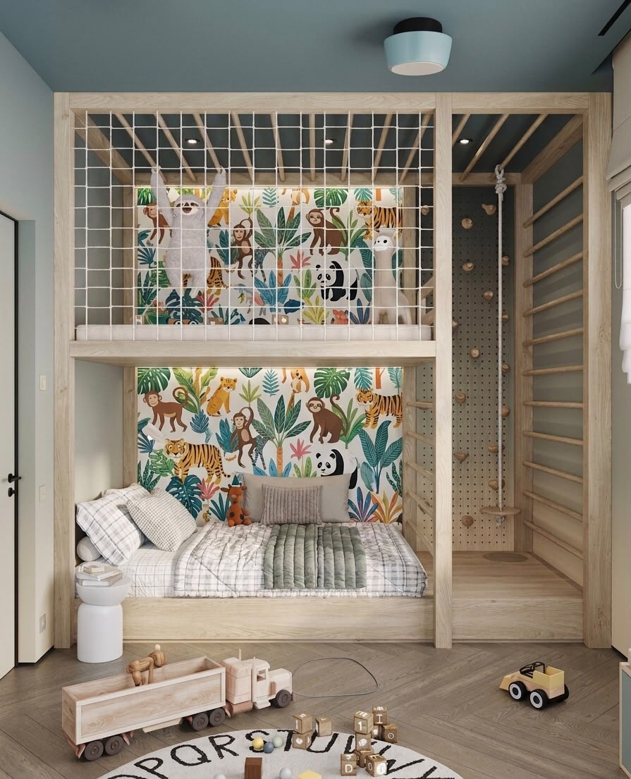 kids-adventure-bunk-bed-climbing-wall-jungle-theme.jpg kids adventure bunk bed with jungle theme climbing wall and rope net loft