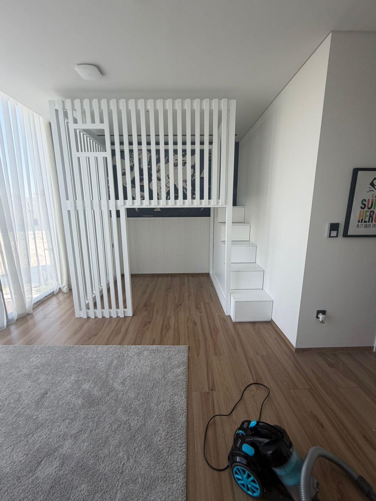 loft-bed-with-storage-staircase-white-kids-bed.jpg white loft bed with storage staircase and slatted safety rail for kids room