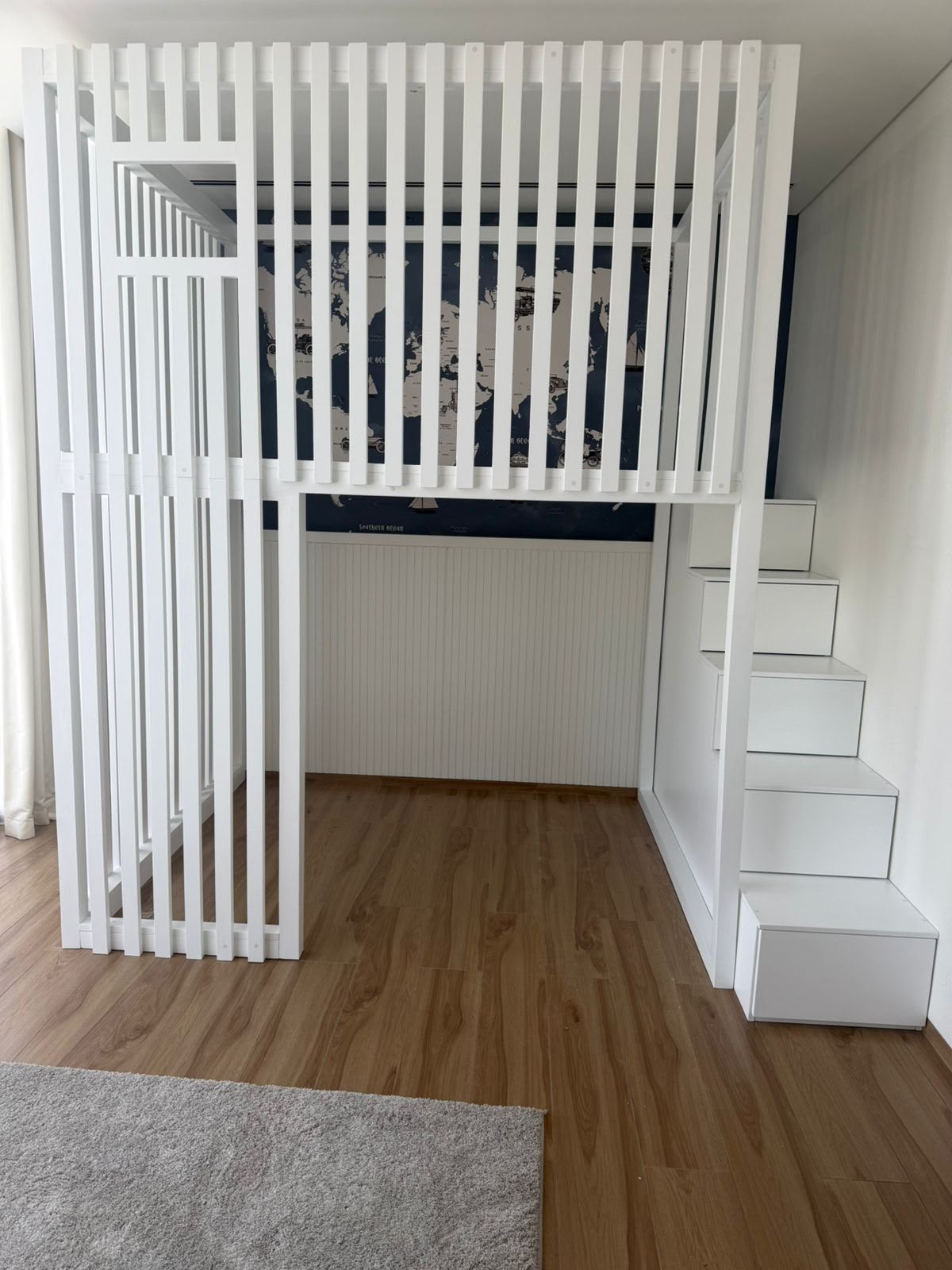 loft-bed-with-storage-staircase-white-kids-bed.jpg white loft bed with storage staircase and slatted safety rail for kids room