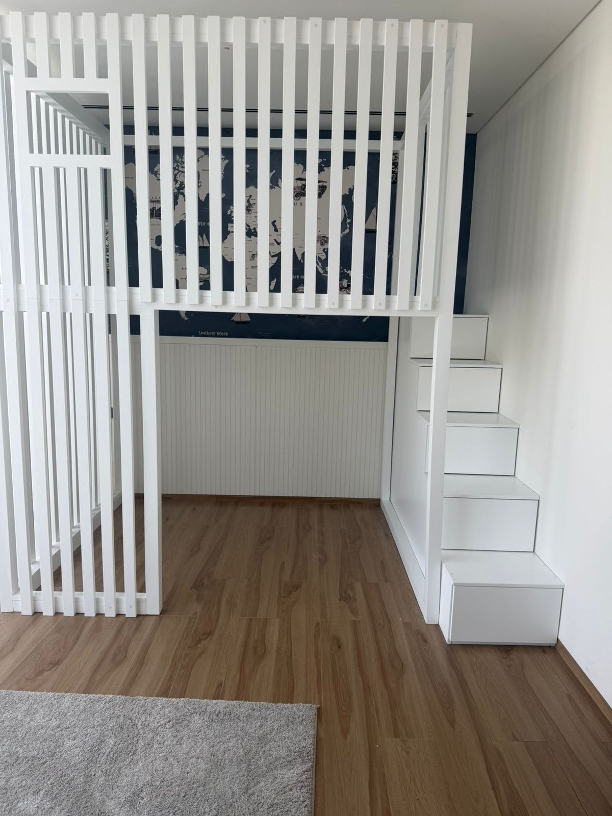 loft-bed-with-storage-staircase-white-kids-bed.jpg white loft bed with storage staircase and slatted safety rail for kids room