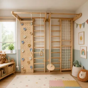 wooden climbing set for kids with climbing wall, Swedish ladders and rope net