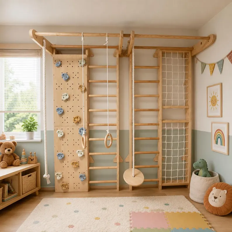 wooden-climbing-set-for-kids-swedish-ladder-climbing-wall.webp wooden climbing set for kids with climbing wall, Swedish ladders and rope net